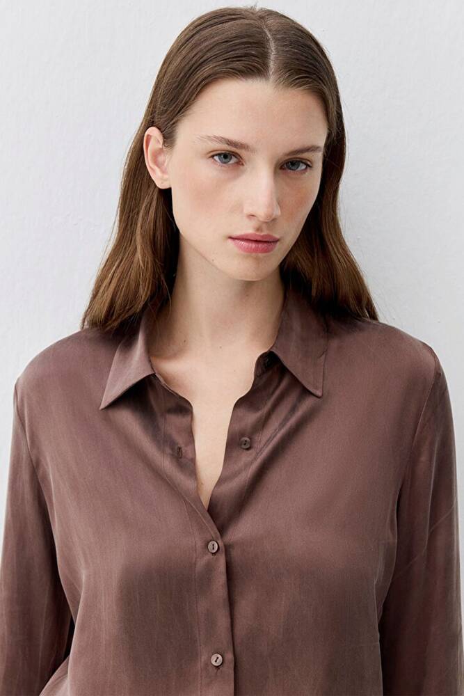 Kadın Uzun Kollu Dokuma Gömlek 1211269-87537 Kahve 