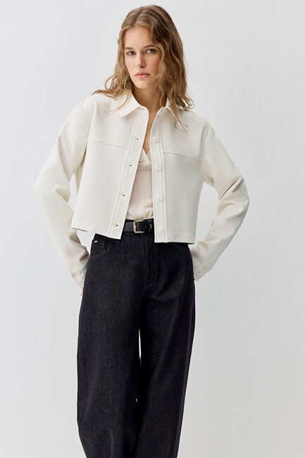 Kadın Uzun Kollu Dokuma Gömlek 1211336-80194 Ekru (2)