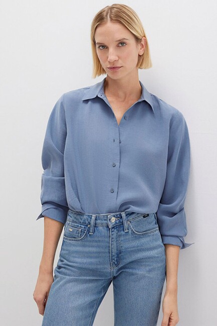 Kadın Uzun Kollu Dokuma Gömlek 1211373-70728 Mavi (1)