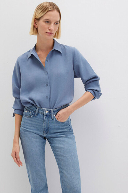 Kadın Uzun Kollu Dokuma Gömlek 1211373-70728 Mavi (2)
