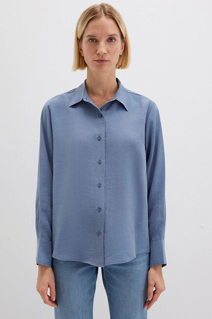 Kadın Uzun Kollu Dokuma Gömlek 1211373-70728 Mavi (3)