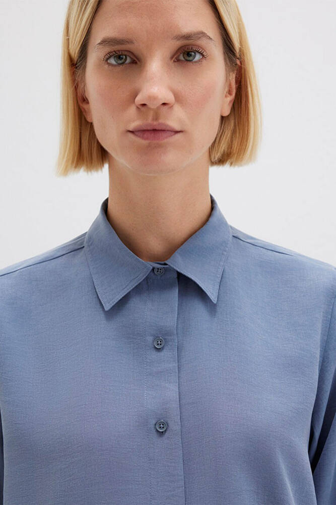 Kadın Uzun Kollu Dokuma Gömlek 1211373-70728 Mavi 