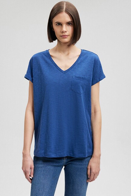 Kadın V Yaka Basic Tişört 1600961-30808 Mavi - Thumbnail