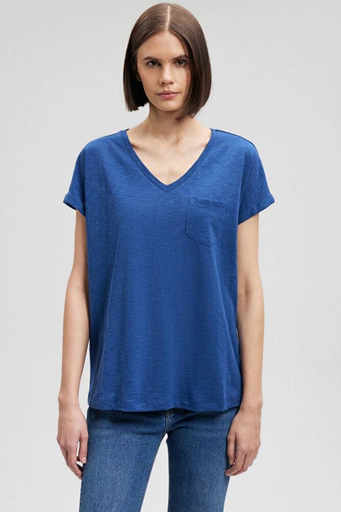 Kadın V Yaka Basic Tişört 1600961-30808 Mavi 