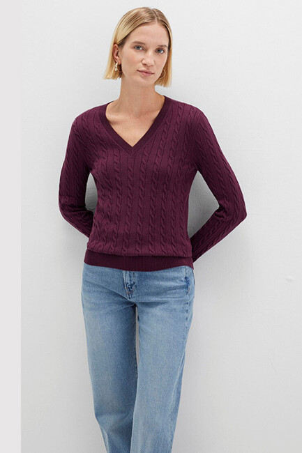 Kadın V Yaka Kazak 1710340-87830 Bordo (1)