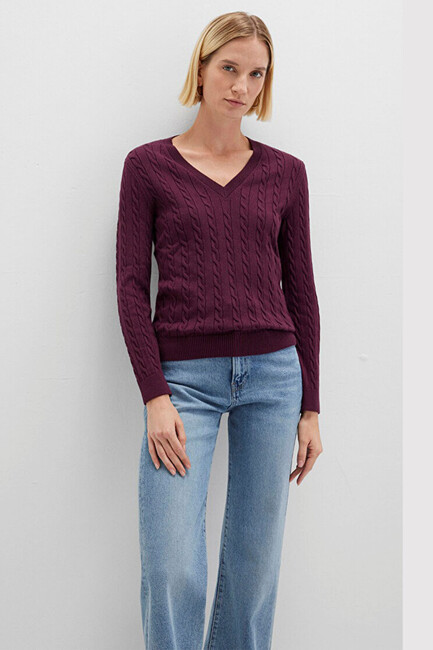 Kadın V Yaka Kazak 1710340-87830 Bordo (2)