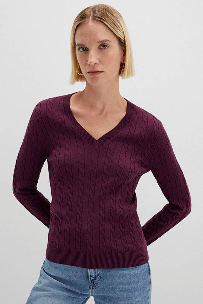 Kadın V Yaka Kazak 1710340-87830 Bordo 