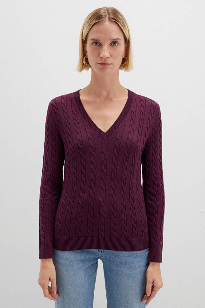 Kadın V Yaka Kazak 1710340-87830 Bordo 
