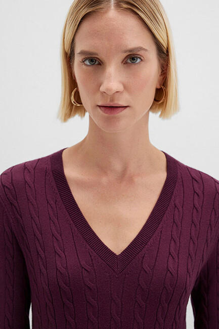 Kadın V Yaka Kazak 1710340-87830 Bordo - Thumbnail