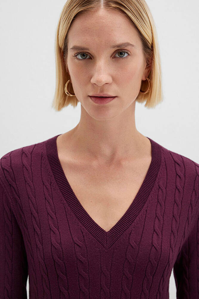 Kadın V Yaka Kazak 1710340-87830 Bordo 