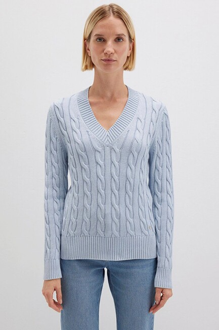 Kadın V Yaka Kazak 1710720-70813 Mavi - Thumbnail