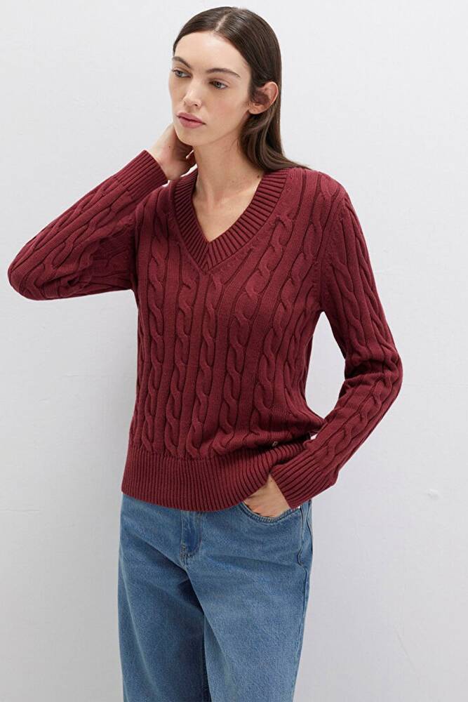 Kadın V Yaka Kazak 1710720-85493 Bordo 