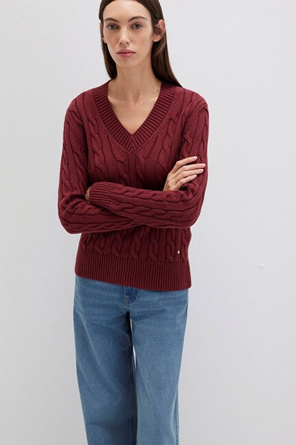 Kadın V Yaka Kazak 1710720-85493 Bordo (3)