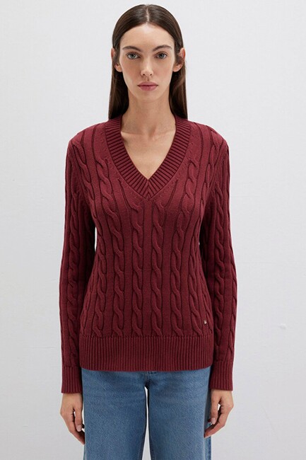 Kadın V Yaka Kazak 1710720-85493 Bordo - Thumbnail