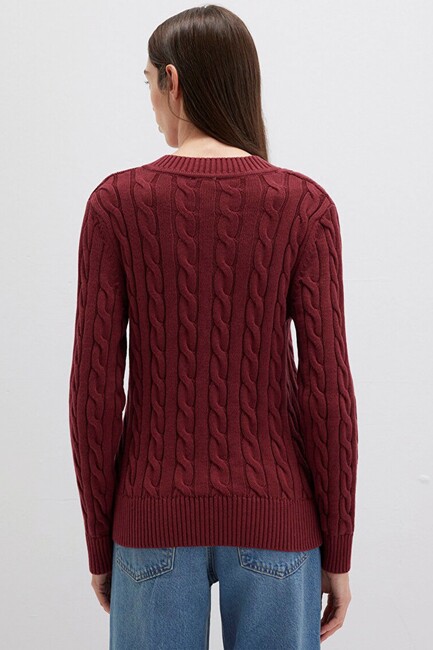 Kadın V Yaka Kazak 1710720-85493 Bordo - Thumbnail