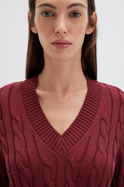 Kadın V Yaka Kazak 1710720-85493 Bordo - Thumbnail