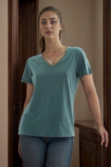Fashion Friends - Kadın V Yaka Tişört 24Y0478K1 Yeşil 