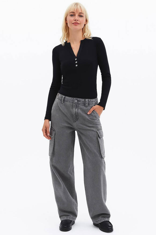 Kadın Yakası Düğmeli Tişört 25K0136K1 Siyah 