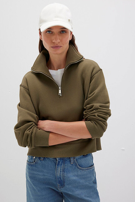 Kadın Yarım Fermuarlı Sweat 1S10391-71589 Haki - Thumbnail