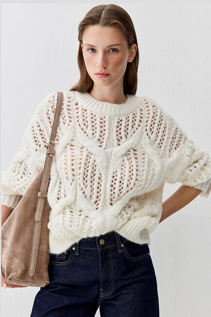 Kadın Yuvarlak Yaka Kazak 1710828-70057 Ekru (1)