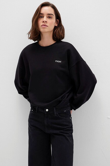 Kadın Yuvarlak Yaka Logo Sweat 1S10490-900 Siyah (1)