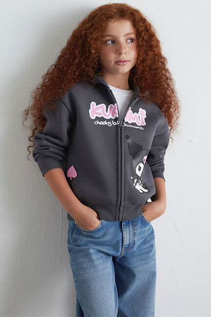 Kız Çocuk Kuromı Baskılı Fermuarlı Sweat 7S10167-85309 Gri (1)