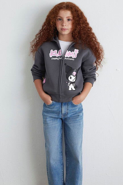 Kız Çocuk Kuromı Baskılı Fermuarlı Sweat 7S10167-85309 Gri (3)