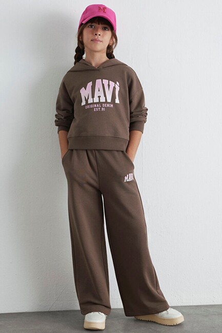 Kız Çocuk Mavi Logo Baskılı Kapüşonlu Sweat 7S10124-87181 Kahve - Thumbnail