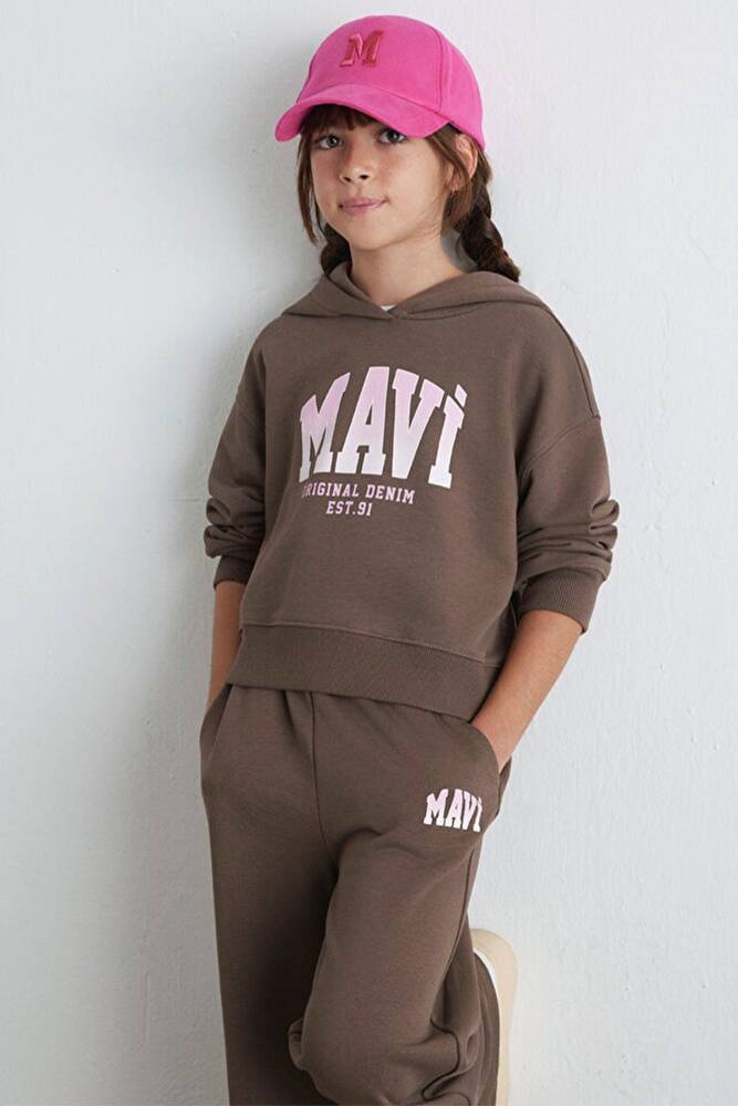 Kız Çocuk Mavi Logo Baskılı Kapüşonlu Sweat 7S10124-87181 Kahve 