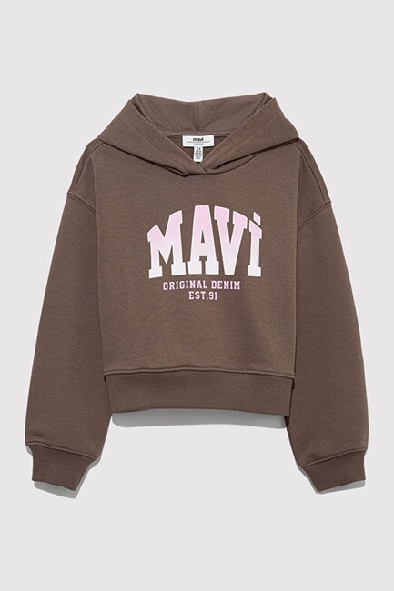 Kız Çocuk Mavi Logo Baskılı Kapüşonlu Sweat 7S10124-87181 Kahve - Thumbnail