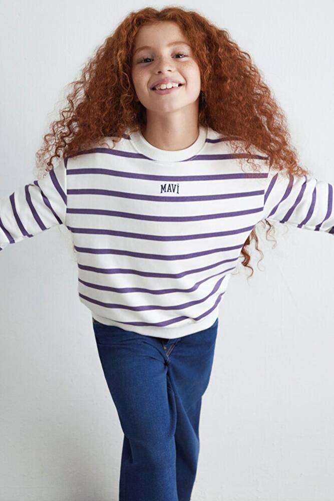 Kız Çocuk Mavi Logo Çizgili Sweat 7S10038-88138 Mor 