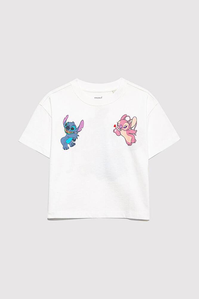 Kız Çocuk Stitch Baskılı Tişört 7610292-70057 Ekru 