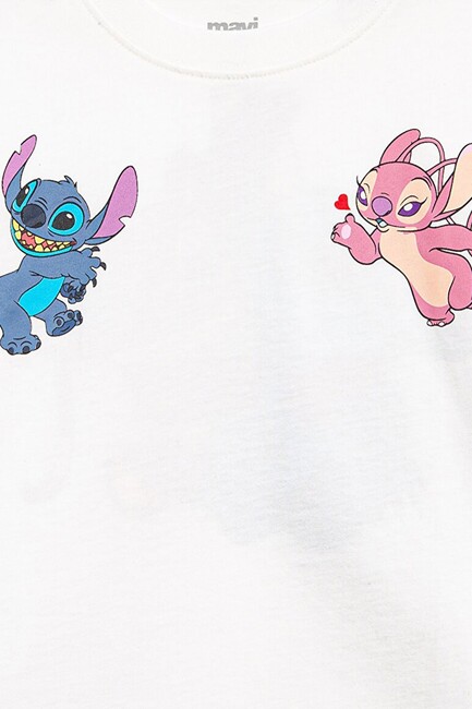 Kız Çocuk Stitch Baskılı Tişört 7610292-70057 Ekru - Thumbnail