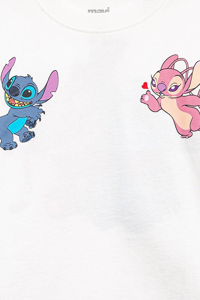 Kız Çocuk Stitch Baskılı Tişört 7610292-70057 Ekru 